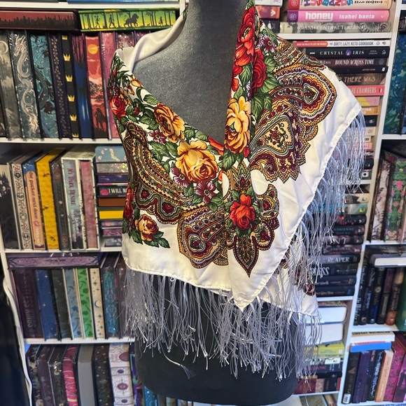 Rose and Paisley Scarf with Fringe - Picture 3 of 5